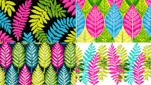 Vibrant tropical leaf seamless patterns with neon pink, blue, and green foliage on black and white backgrounds, perfect for modern textiles, wallpaper, and summer decor.