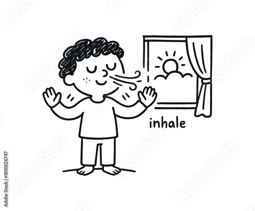 handdrawn cute doodle style person practicing morning breathing by window vector line illustration