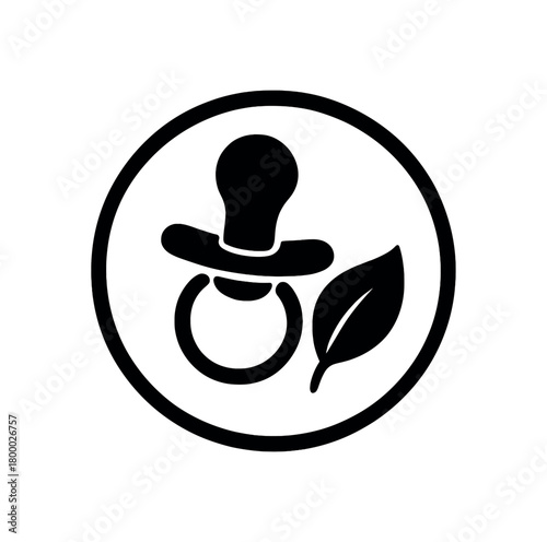 baby safe emblem with pacifier and leaf flat black solid vector illustration isolated on white background