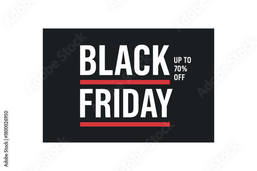 flat vector banner BLACK FRIDAY minimalist typographic grid: BLACK stacked over FRIDAY with red underline bars microcopy UP TO 70% OFF rightaligned subtle diagonal texture
