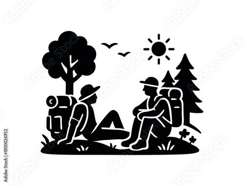 travelers resting on meadow flat black solid vector illustration isolated on white background