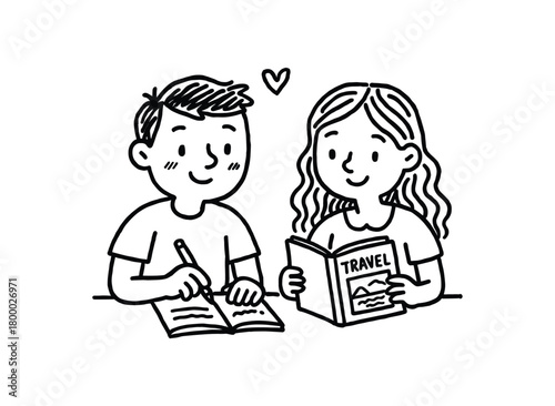 handdrawn cute doodle style couple journaling travel memories vector line illustration