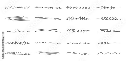Highlighter underline line doodle set with various hand drawn strokes, flowing curves, curled, abstract waves, freehand contours and decorative design elements