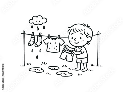 handdrawn cute doodle style person hanging wet clothes after rain vector line illustration