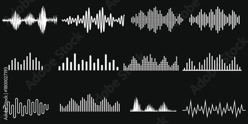 Abstract sound waveforms displayed in clean minimal style. Dynamic audio frequency shapes create a modern tech aesthetic. Perfect waveform design for digital media projects.