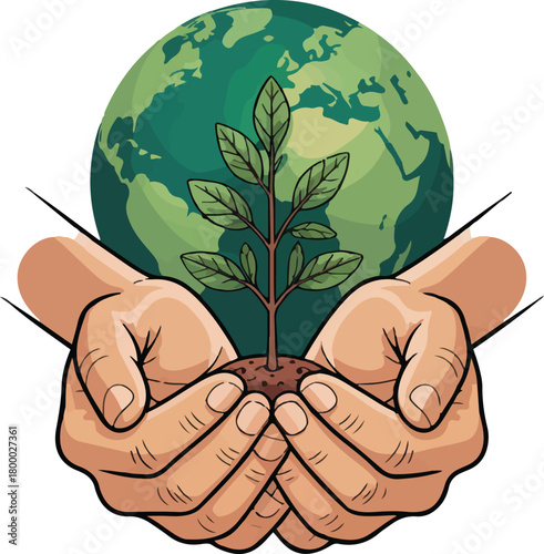 Hands Holding Sapling With World Globe In Background As Symbol Of Environmental Protection, Conservation And Sustainable Future vector illustration