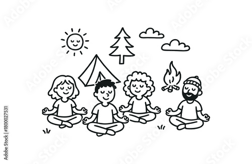 handdrawn cute doodle style group meditating at campsite vector line illustration