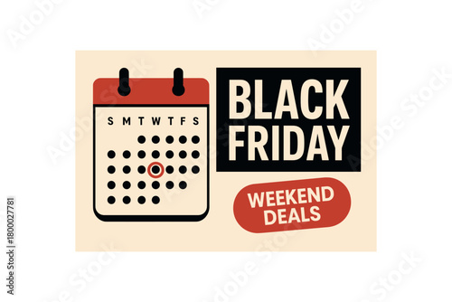 flat vector banner BLACK FRIDAY calendar page with Friday circled red headline beside sticker WEEKEND DEALS tidy office style