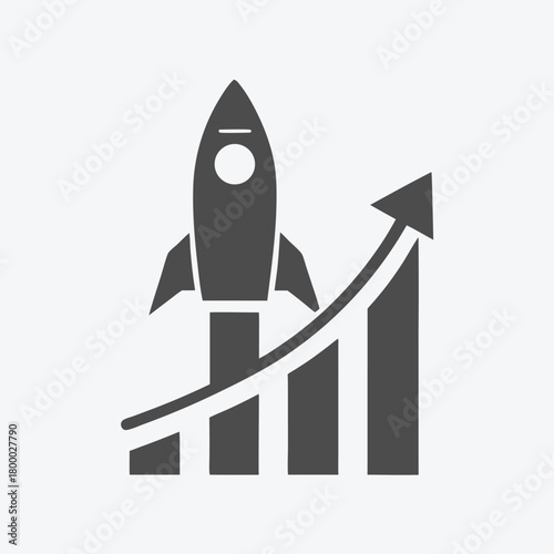 Gray spacecraft icon soars with rising graph line displaying business analytics momentum