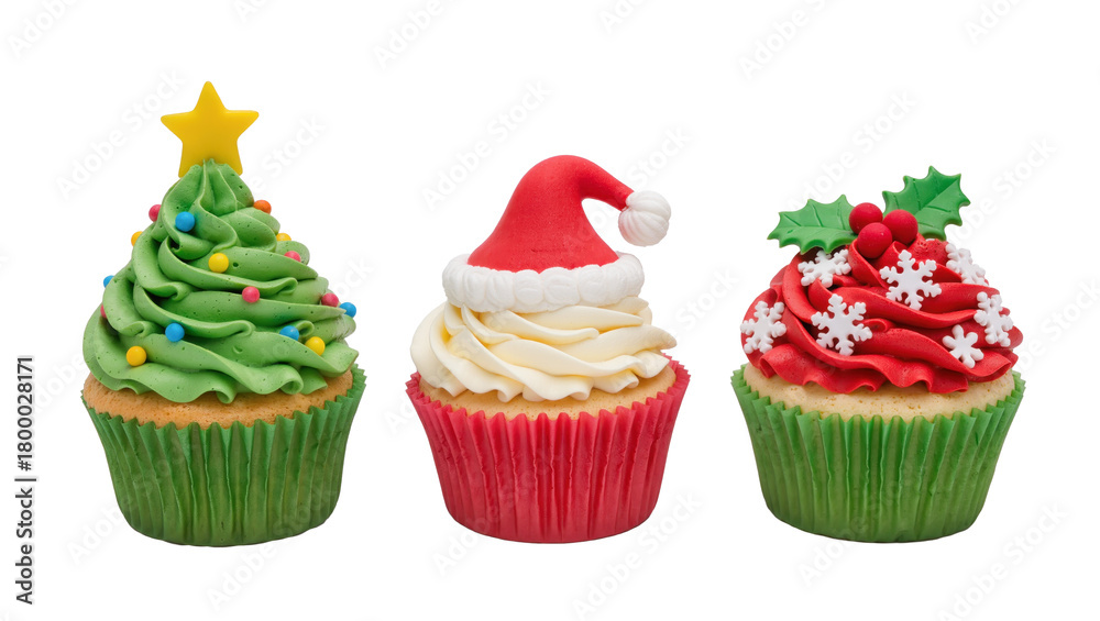 Obraz premium Christmas cupcakes decorated with festive frosting designs including a Christmas tree, Santa hat, and holly, isolated on transparent or white background