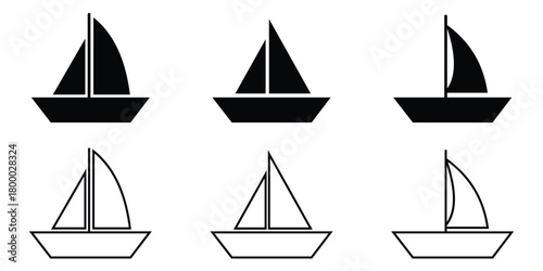 Sailboat Silhouette & Marine Vessel Icon Set – Nautical Line, Outline, and Flat Style Vector
 Collection