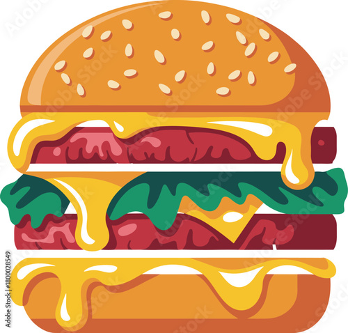 Cartoon illustration of delicious cheeseburger with melting cheese, beef patty, lettuce, tomato, and sesame bun on blue background