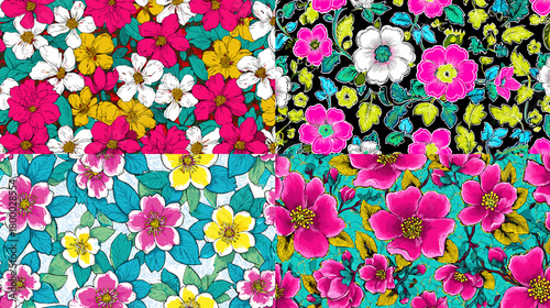 Bright floral seamless patterns in retro pop colors magenta, teal, yellow, and white blooms with bold outlines. Ideal for textiles, wallpapers, packaging, posters, and cheerful branding.