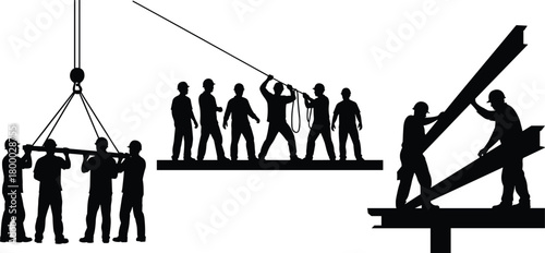 Construction workers assembling steel beams on site, teamwork labor concept, industrial engineering, safety helmet people, black and white vector illustration for building industry design