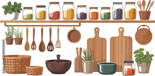 Kitchenware set with wooden utensils and jars on shelves assorted kitchen tools for cooking tableware dishware interior items equipment vector illustration