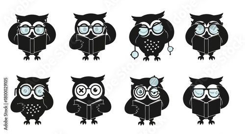 Eight individual owl characters wearing different types of eyeglasses and holding open books, representing various aspects of vision, knowledge, and learning, vector art