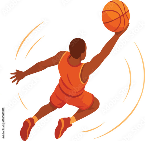 Basketball player jumping with ball orange uniform