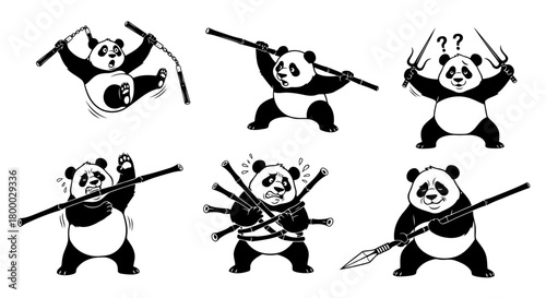 Six different pandas engaged in martial arts activities holding various weapons such as nunchaku, bo staff, and sai in black and white silhouette style