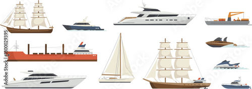 Collection of various ships and boats including sailboats, yachts, cargo ships, fishing vessels, and submarines in flat minimalist vector illustration style