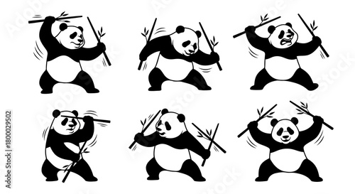 Black and white panda cartoon characters in various action poses holding bamboo sticks illustration collection for design element, mascot, logo, icon or graphic resource