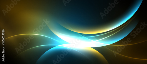 Abstract design features flowing curves, vibrant colors. Bright light emanates from center, creating dynamic visual effect. Dark background enhances luminosity.