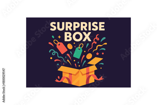flat vector banner with text SURPRISE BOX opened gift with tags/coins/ribbons bursting bold headline above playful palette on dark field