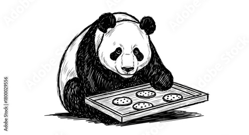 Black and white hand drawn sketch of a cute panda bear sitting and holding a baking tray with four chocolate chip cookies on it, looking directly forward