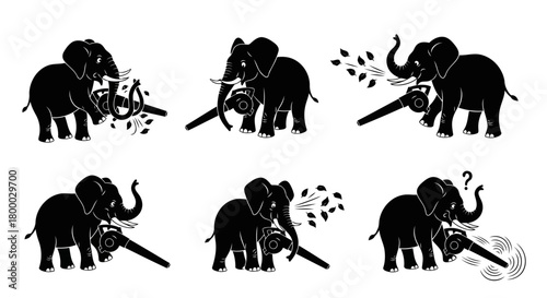 Elephant character holding leaf blower cleaning leaves with trunk vector set, funny cartoon animal operating gardening tool, black silhouette isolated on white background