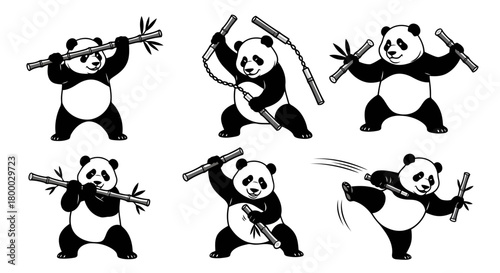 Panda character practicing kung fu with bamboo sticks and nunchaku, funny cartoon animal in various martial arts poses isolated on white background