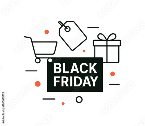 flat vector banner BLACK FRIDAY minimalist outlineonly style: white strokes for cart tag gift around solid headline red accent dots airy modern composition