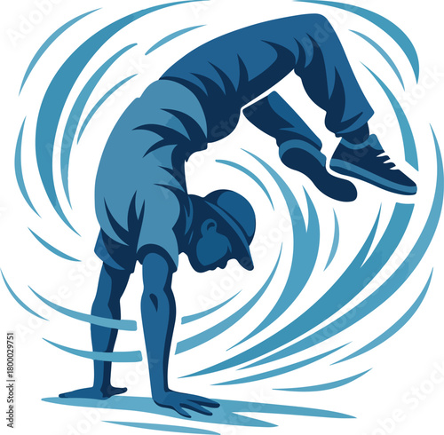 Blue breakdancer in handstand pose with swirling background
