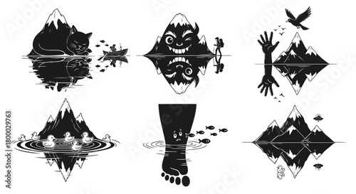 Optical illusion mountains reflecting different images on water, cat, monster, foot, ducks, hands, and ufo, abstract creative vector set