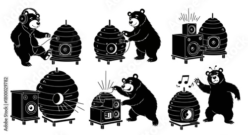 Set of black and white cartoon bears interacting with beehives modified into sound systems or speakers, depicting various actions like listening, connecting, and enjoying audio