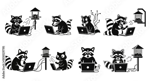 Collection of black and white cartoon raccoons working on laptops and interacting with bird feeders, illustrating concepts of technology use and connectivity in nature