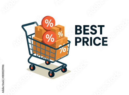 flat vector banner with text BEST PRICE isometric shopping cart overflowing with percent signs and boxes headline right soft ground shadow clean illustration for landing page