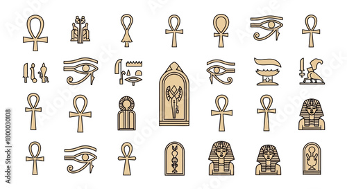 Egyptian Hieroglyphic Monoline Vector Collection - Ancient Symbols and Ankh Icons