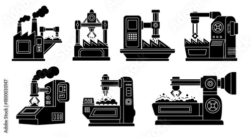 Industrial manufacturing icons set, factory production lines, automated machinery, modern industrial equipment silhouettes collection