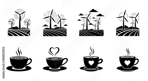 Wind turbine energy production over fields, collection of wind power generation illustrations, clean renewable electricity sources set