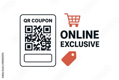 flat vector banner with text ONLINE EXCLUSIVE big QR coupon card left headline right red accent icons (cart tag) space for code fintech style
