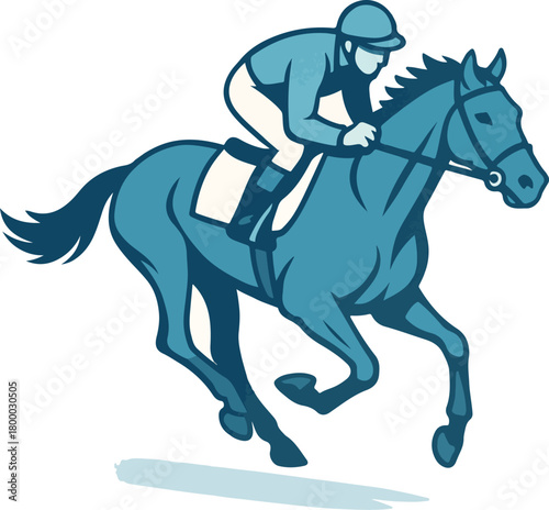 Blue jockey riding a galloping horse in a race racing