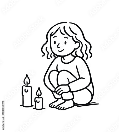 handdrawn cute doodle style woman sitting with lit candles evening vector line illustration