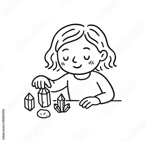handdrawn cute doodle style person arranging healing crystals vector line illustration