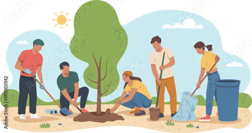 People planting trees teamwork volunteers planting sapling working together cooperation for reforestation environment improvement sunny day vector illustration