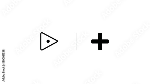 Minimalist Play and Add Icons: Media Player Triangle with Dot and Plus Symbol for UI/UX Design on White Background