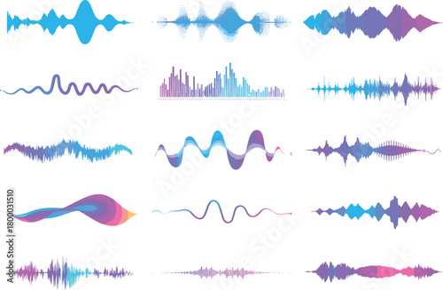 Colorful sound wave collection, gradient audio waveform set, music equalizer visualization design, digital frequency spectrum vector for sound and voice analysis