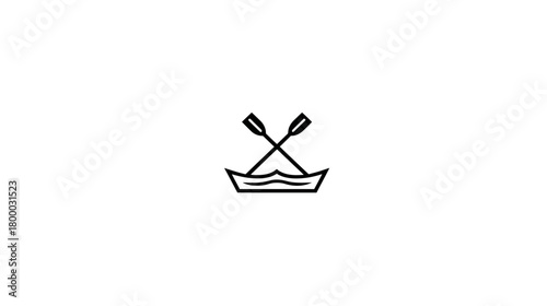 Black and white minimalist line art icon of a small rowboat or dinghy with crossed oars on wavy water, isolated on a white background.
