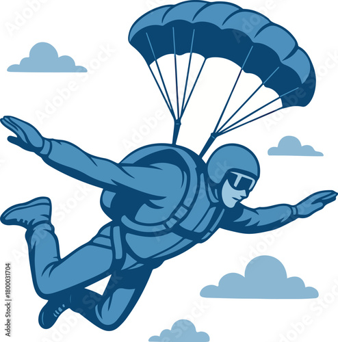Blue skydiver with parachute falling through clouds