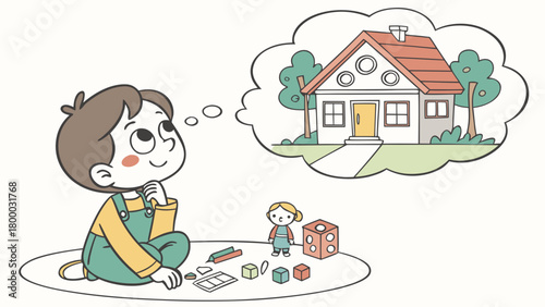 Cute vector toddler, toys around, soft dreamy haze.