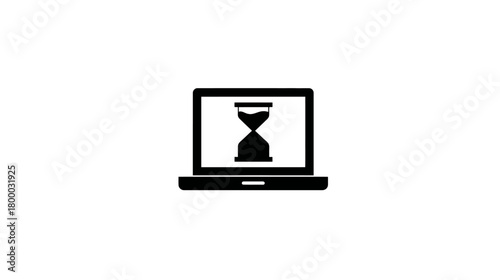 Laptop computer with hourglass symbol on screen, indicating waiting time, data loading, system processing, or slow performance