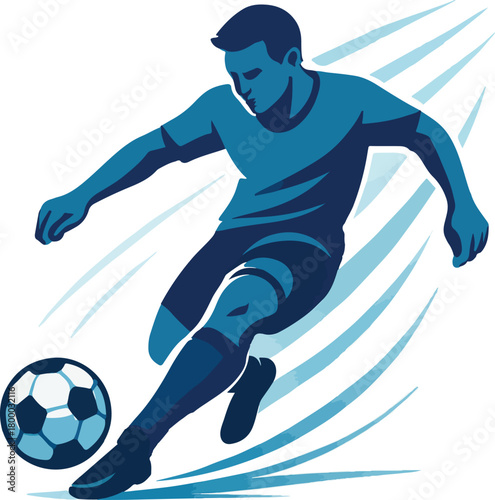 Blue soccer player kicking ball abstract motion lines